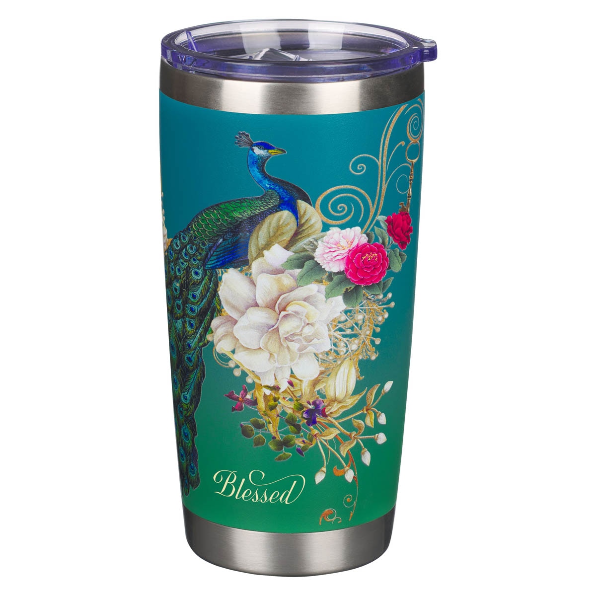 Blessed Blue Peacock Stainless Steel Travel Tumbler - Jeremiah 17:7 by Christian Art Gifts