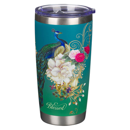Blessed Blue Peacock Stainless Steel Travel Tumbler - Jeremiah 17:7 by Christian Art Gifts