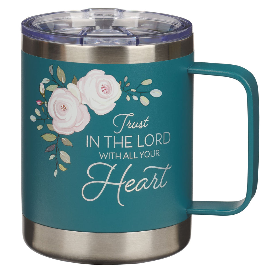 Trust in the Lord Teal Floral Camp-Style Stainless Steel Travel Mug - Proverbs 3:5 by Christian Art Gifts
