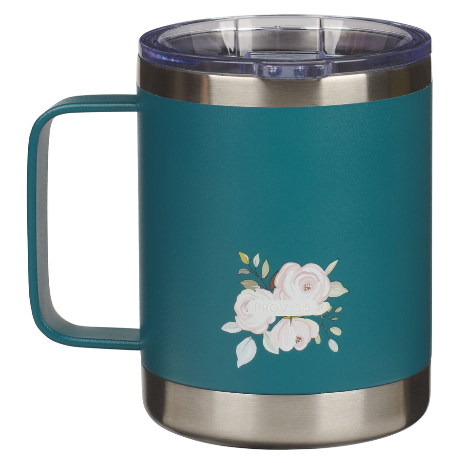 Trust in the Lord Teal Floral Camp-Style Stainless Steel Travel Mug - Proverbs 3:5 by Christian Art Gifts, product view 2