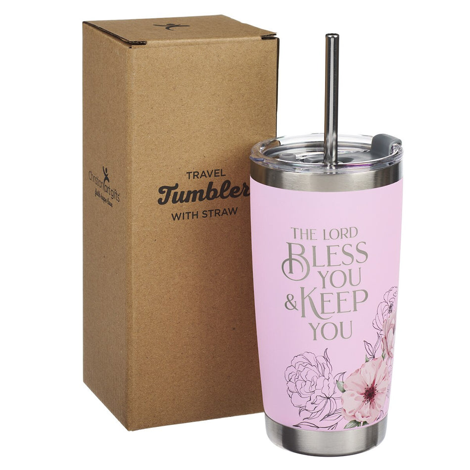 Bless You and Keep You Pink Floral Stainless Steel Travel Tumbler with Stainless Steel Straw - Numbers 6:24, product view 2