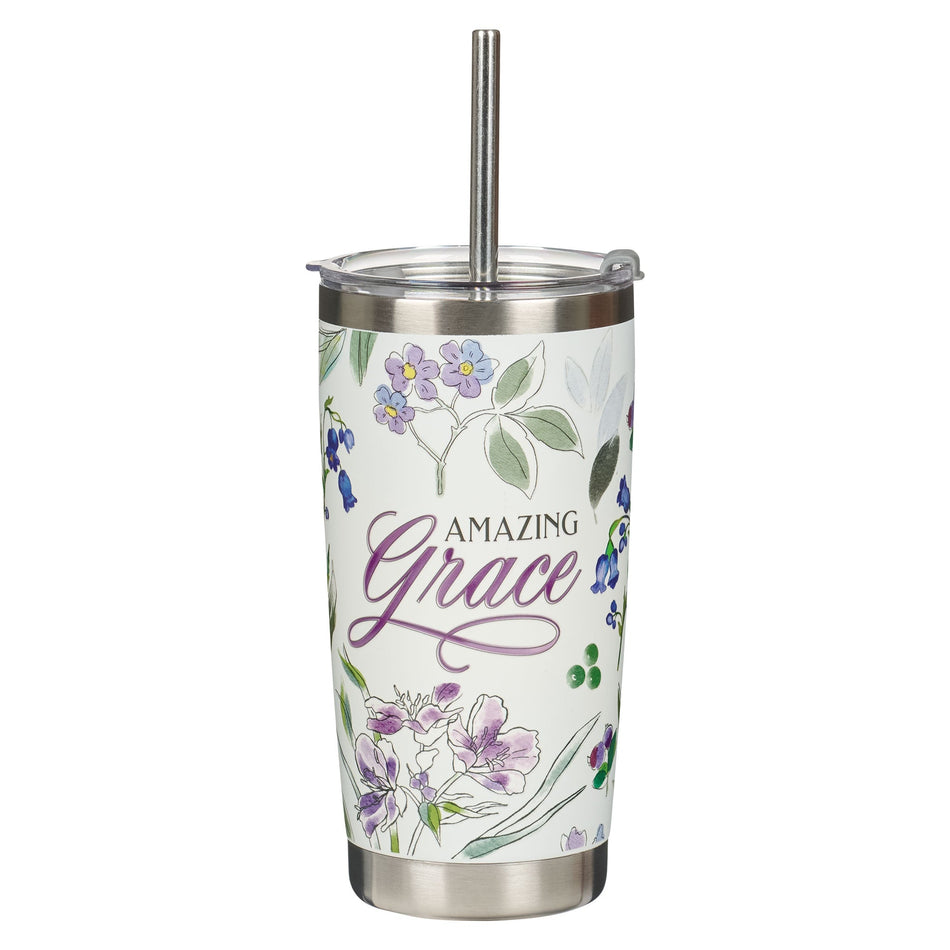 Amazing Grace Purple Floral Stainless Steel Travel Tumbler with Stainless Steel Straw by Christian Art Gifts