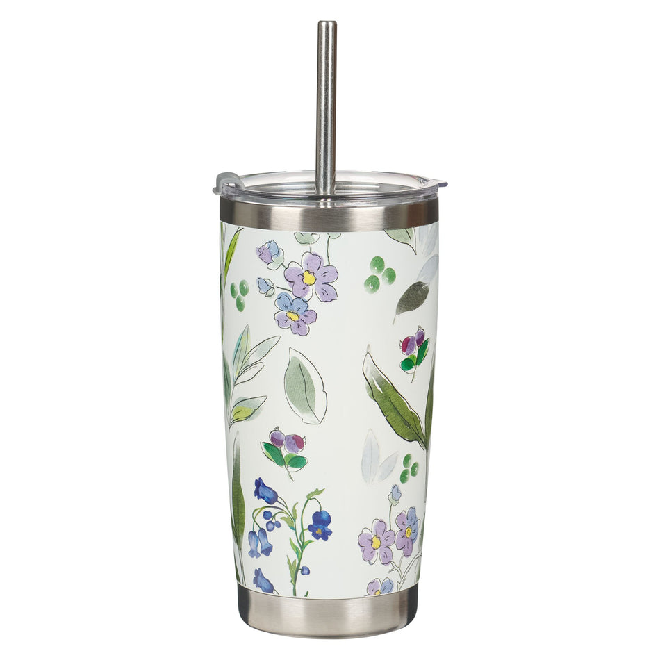 Amazing Grace Purple Floral Stainless Steel Travel Tumbler with Stainless Steel Straw by Christian Art Gifts, product view 2