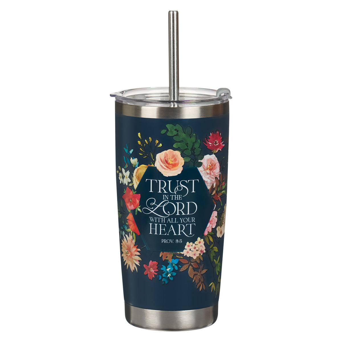 Trust Indigo Blue Floral Stainless Steel Travel Tumbler with Stainless Steel Straw - Proverbs 3:5 by Christian Art Gifts