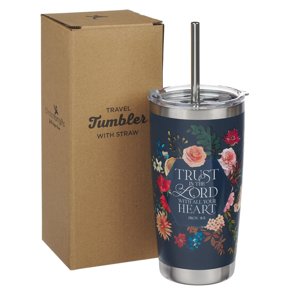 Trust Indigo Blue Floral Stainless Steel Travel Tumbler with Stainless Steel Straw - Proverbs 3:5, product view 2