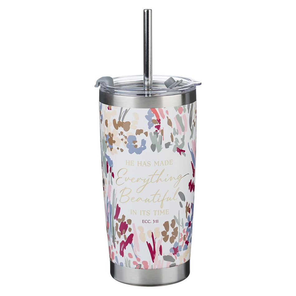White Floral Everything Beautiful Stainless Steel Travel Mug with Reusable Stainless Steel Straw - Ecclesiastes 3:11