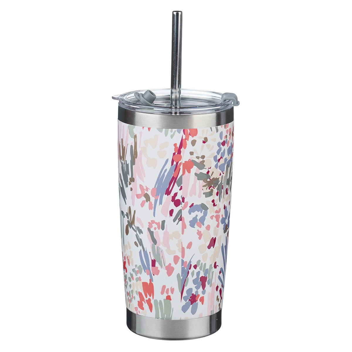White Floral Everything Beautiful Stainless Steel Travel Mug with Reusable Stainless Steel Straw, product view 3