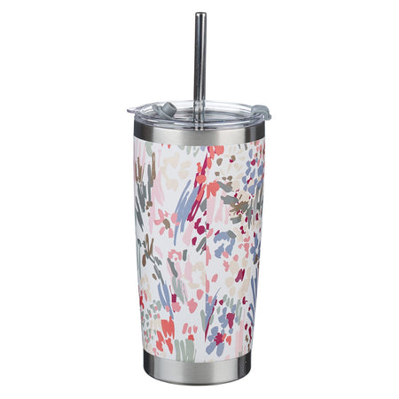 White Floral Everything Beautiful Stainless Steel Travel Mug with Reusable Stainless Steel Straw, product view 3