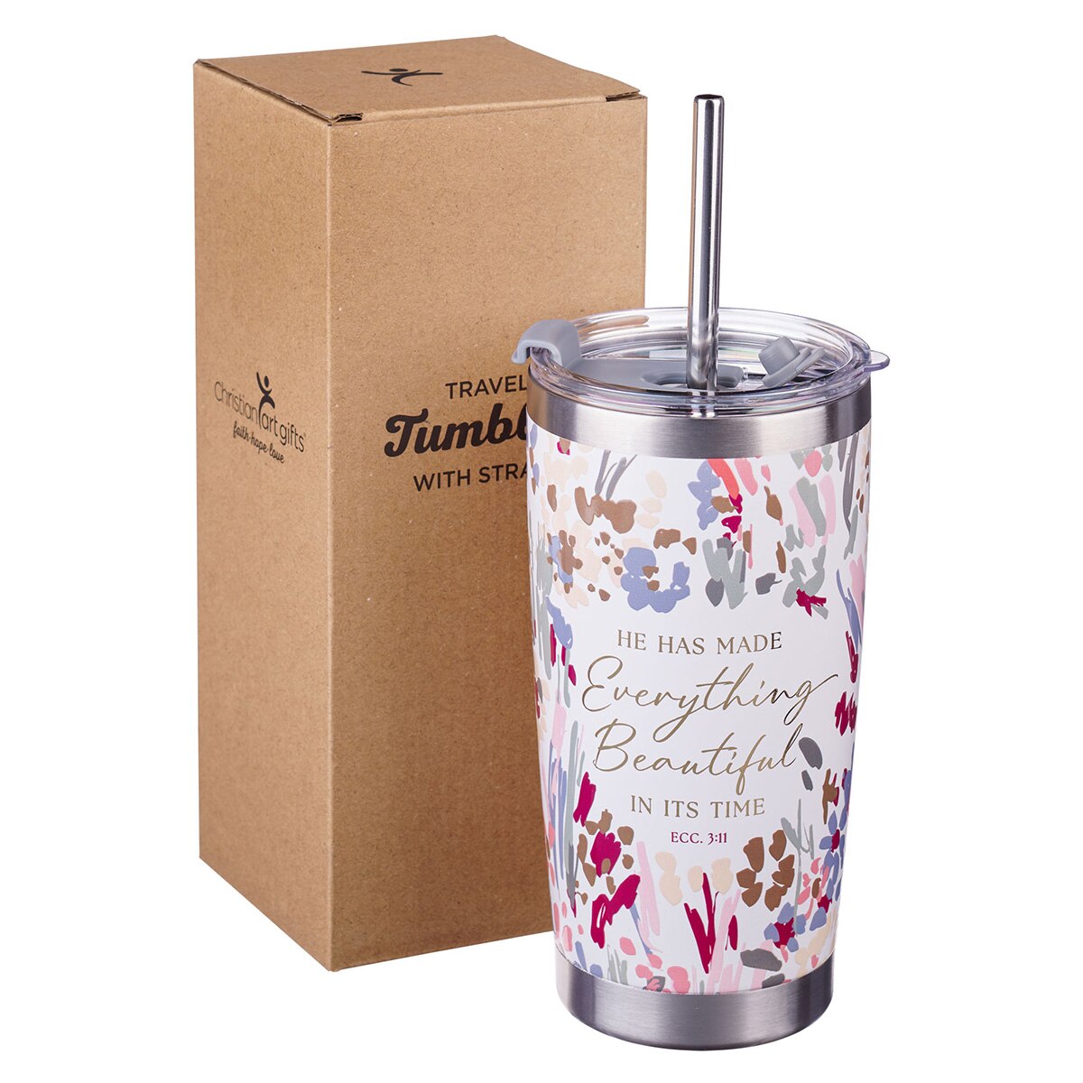 White Floral Everything Beautiful Stainless Steel Travel Mug with Reusable Stainless Steel Straw, product view 2