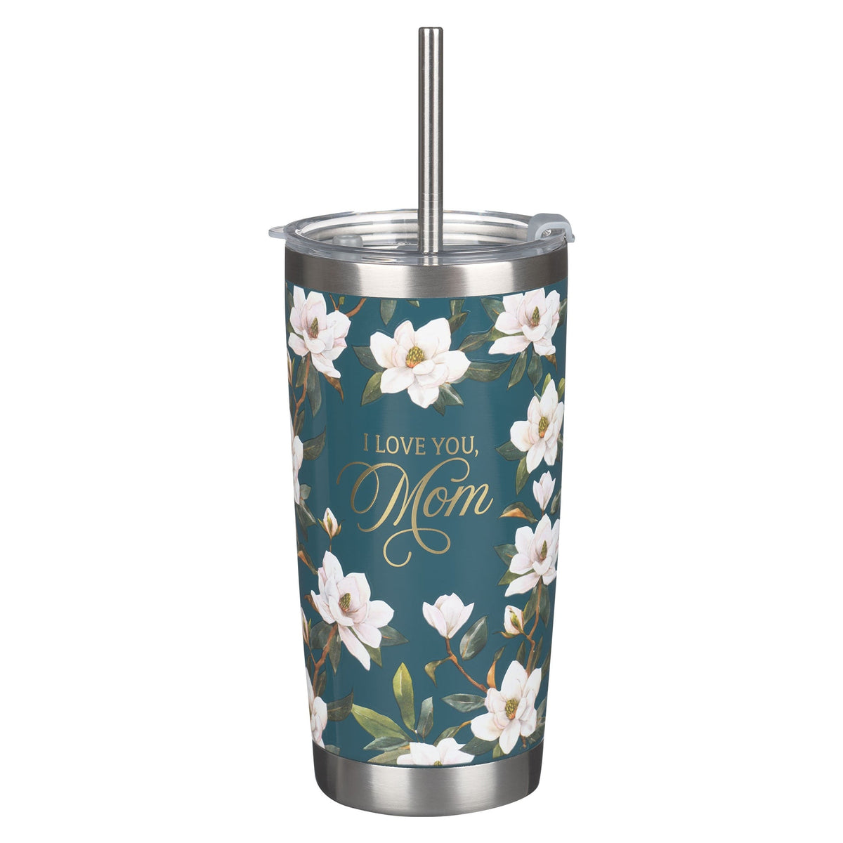 I Love You, Mom Blush Magnolia Stainless Steel Travel Tumbler with Reusable Straw by Christian Art Gifts