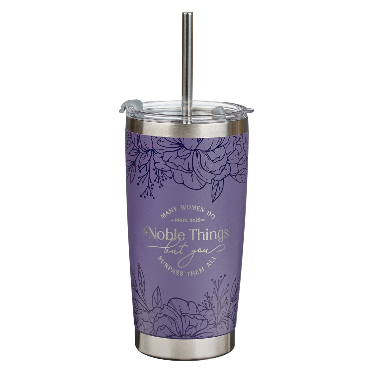 Noble Things Lavender Floral Stainless Steel Tumbler - Proverbs 31:29 by Christian Art Gifts