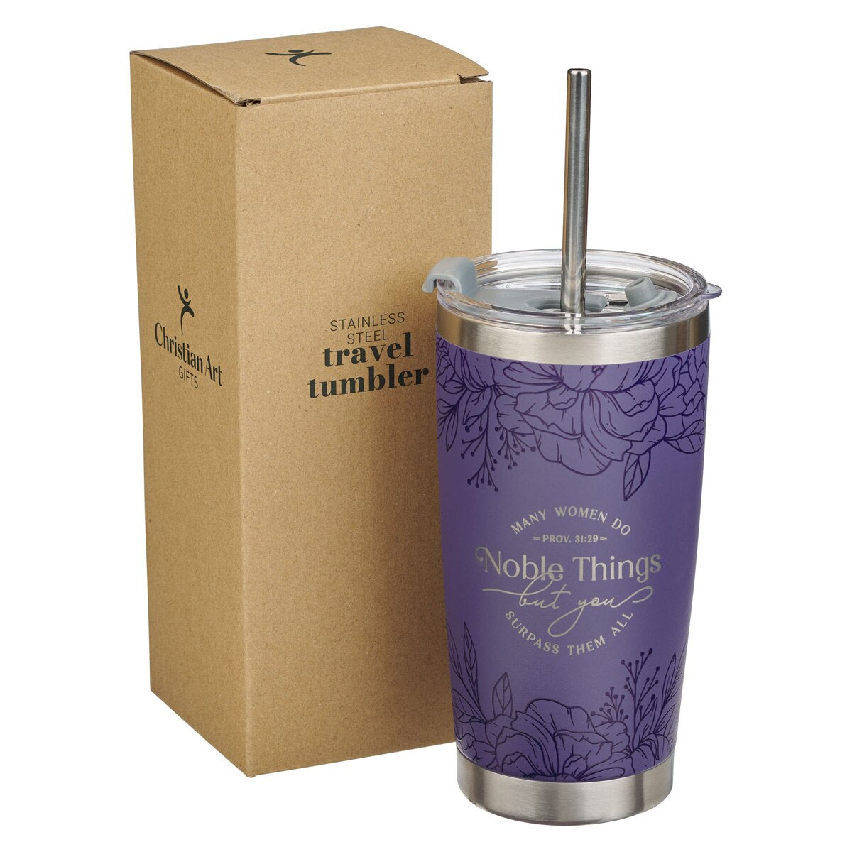 Noble Things Lavender Floral Stainless Steel Tumbler - Proverbs 31:29 by Christian Art Gifts, product view 2
