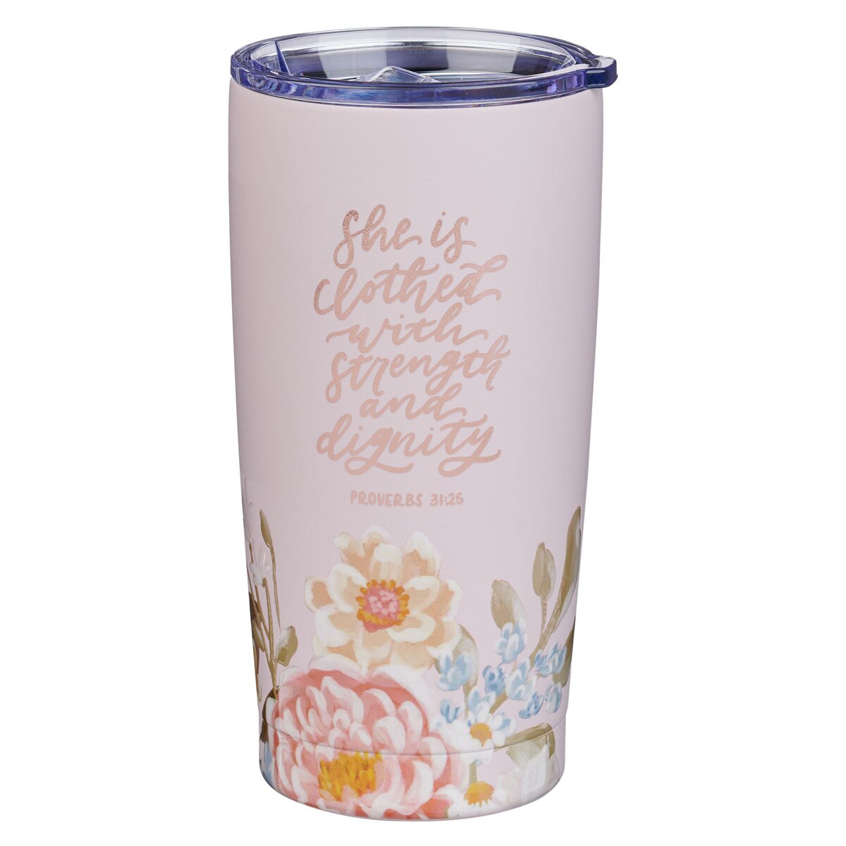 Strength and Dignity Pink Floral Stainless Steel Travel Tumbler - Proverbs 31:25 by Christian Art Gifts