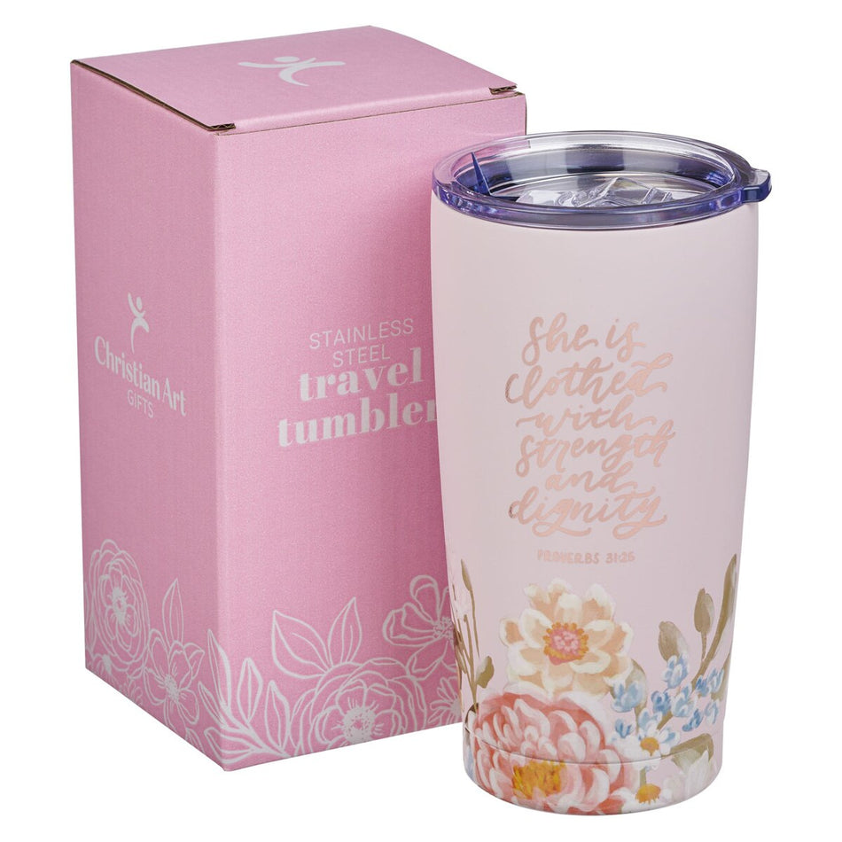 Strength and Dignity Pink Floral Stainless Steel Travel Tumbler - Proverbs 31:25 by Christian Art Gifts, product view 2