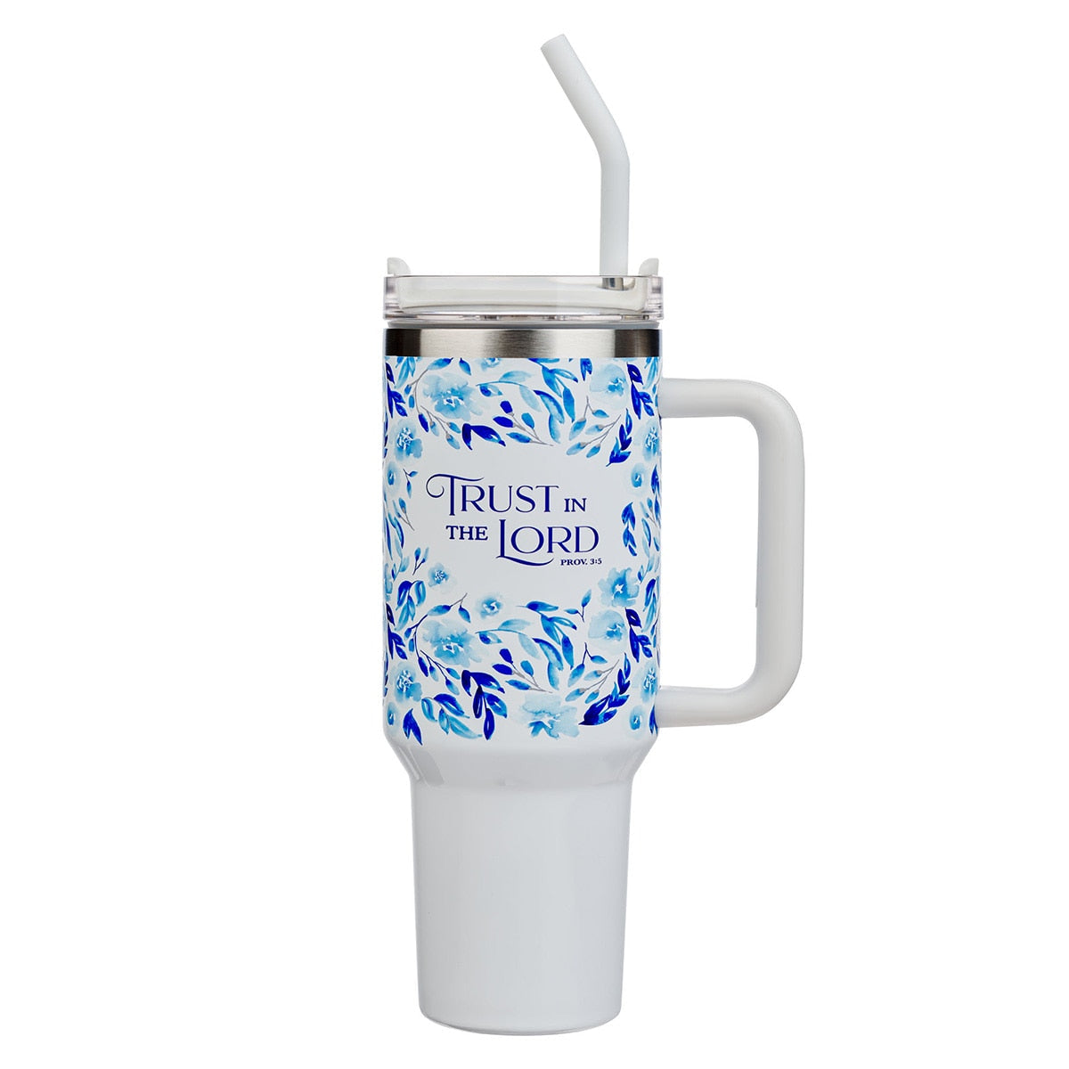 Trust in the Lord Blue Botany 40 oz Stainless Steel Tumbler with Straw - Proverbs 3:5 by Christian Art Gifts