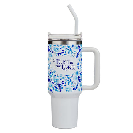 Trust in the Lord Blue Botany 40 oz Stainless Steel Tumbler with Straw - Proverbs 3:5 by Christian Art Gifts