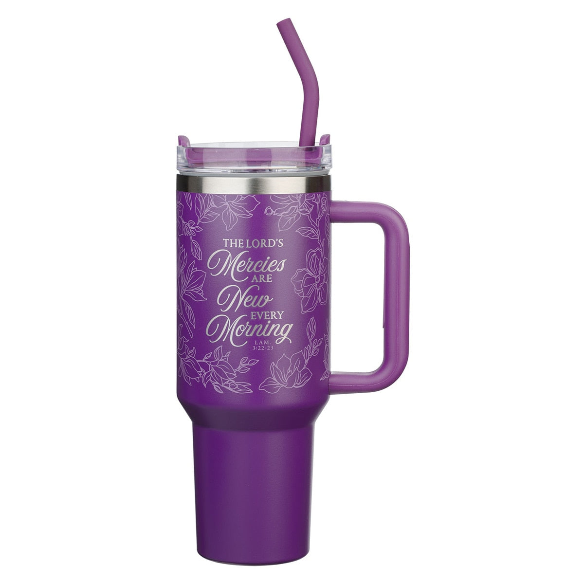 New Mercies Purple Floral 40 oz Stainless Steel Tumbler with Straw - Lamentations 3:22-23 by Christian Art Gifts