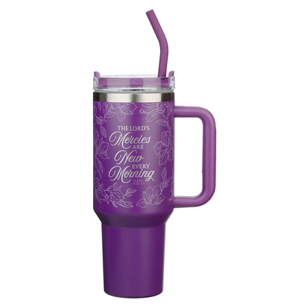 New Mercies Purple Floral 40 oz Stainless Steel Tumbler with Straw - Lamentations 3:22-23 by Christian Art Gifts