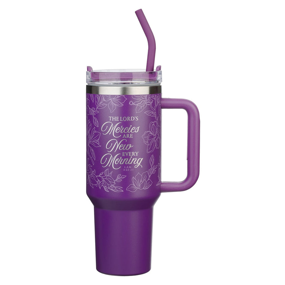 New Mercies Purple Floral 40 oz Stainless Steel Tumbler with Straw - Lamentations 3:22-23 by Christian Art Gifts