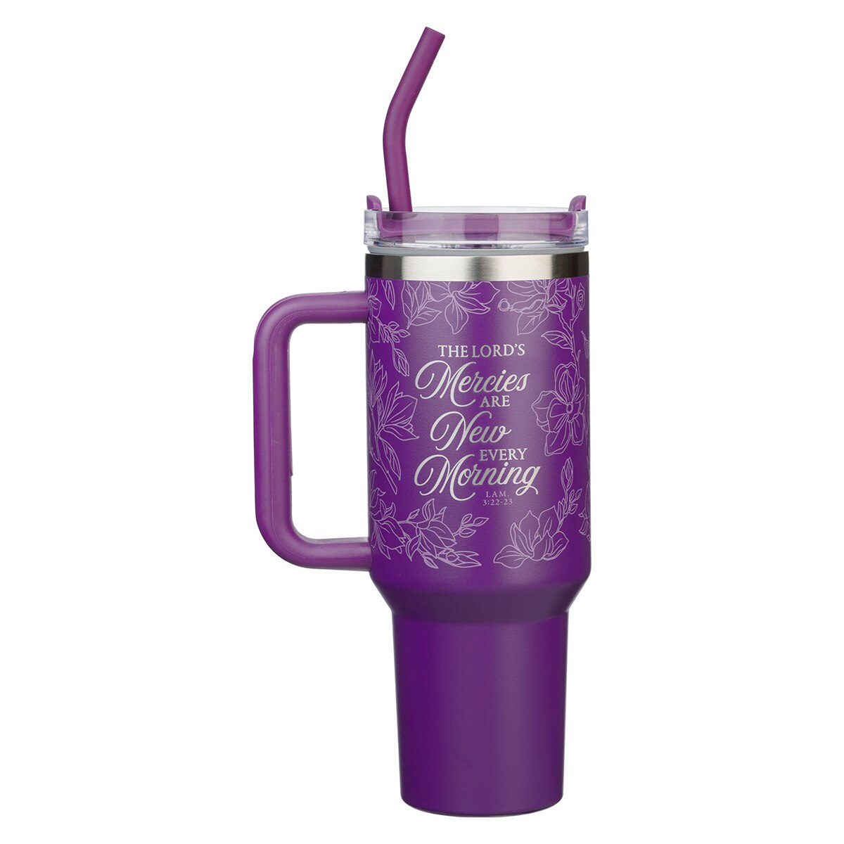 New Mercies Purple Floral 40 oz Stainless Steel Tumbler with Straw - Lamentations 3:22-23, product view 2