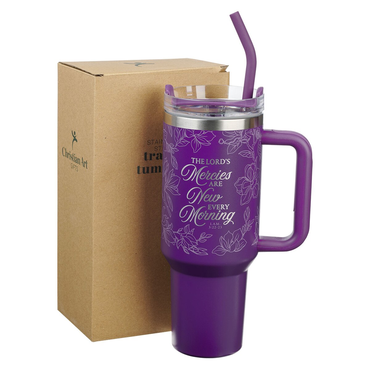 New Mercies Purple Floral 40 oz Stainless Steel Tumbler with Straw - Lamentations 3:22-23, product view 3