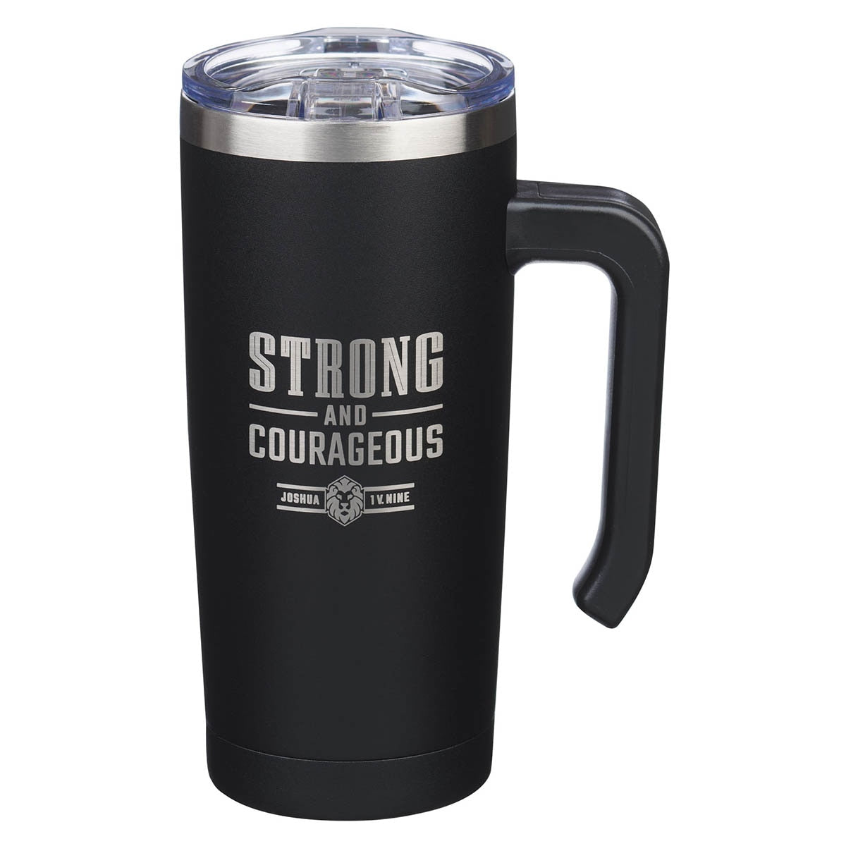 Strong and Courageous Black Stainless Steel Travel Mug with Handle - Joshua 1:9 by Christian Art Gifts
