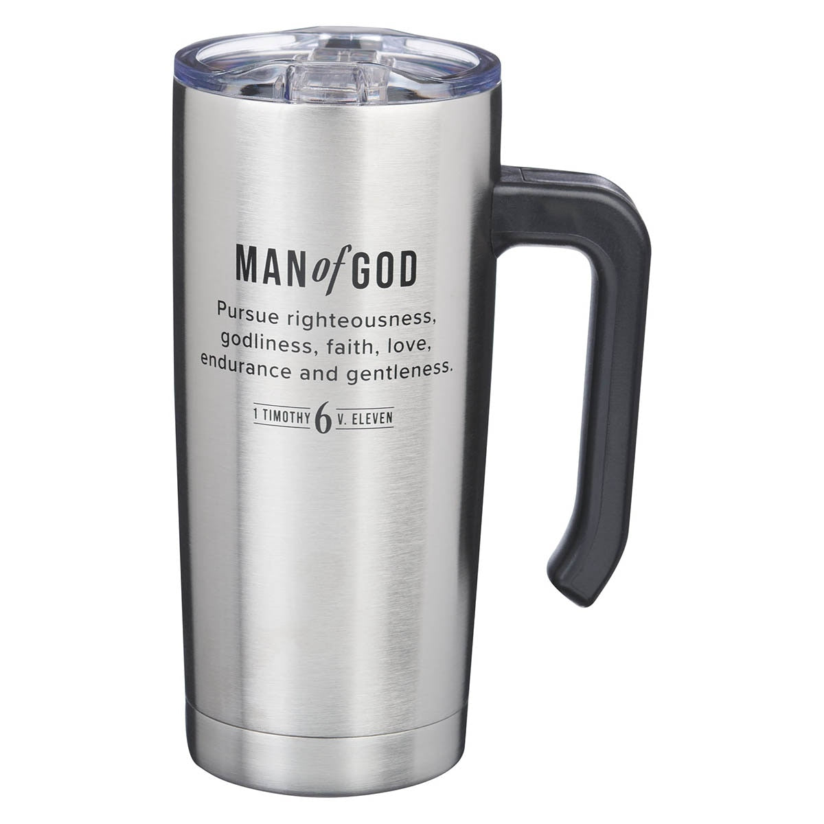 Man of God Stainless Steel Travel Mug with Handle - 1 Timothy 6:11 by Christian Art Gifts