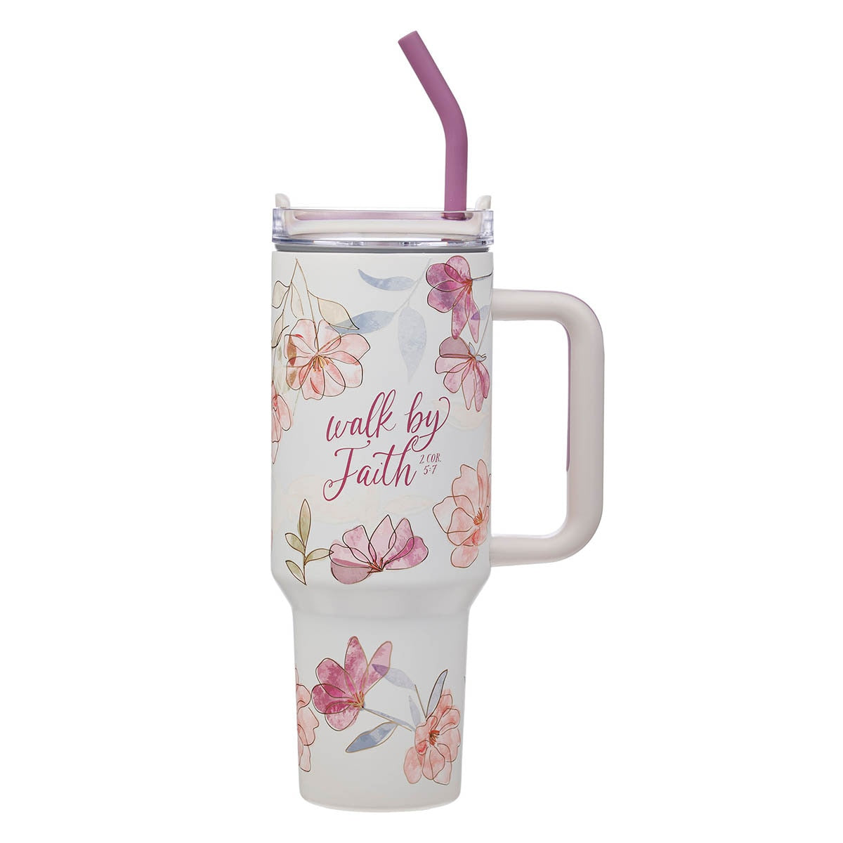 Walk by Faith Pink Cosmos 40 oz Stainless Steel Tumbler with Straw - 2 Corinthians 5:7 by Christian Art Gifts