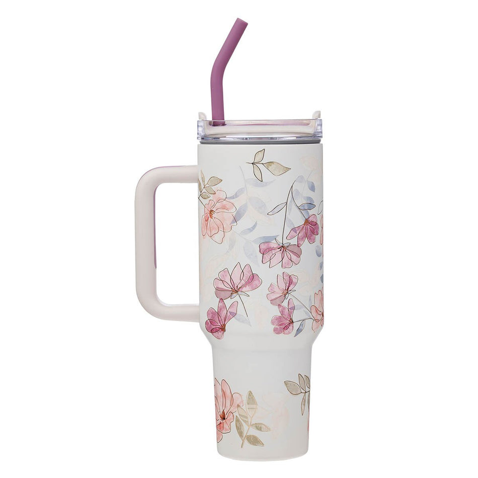 Walk by Faith Pink Cosmos 40 oz Stainless Steel Tumbler with Straw - 2 Corinthians 5:7 by Christian Art Gifts, product view 2