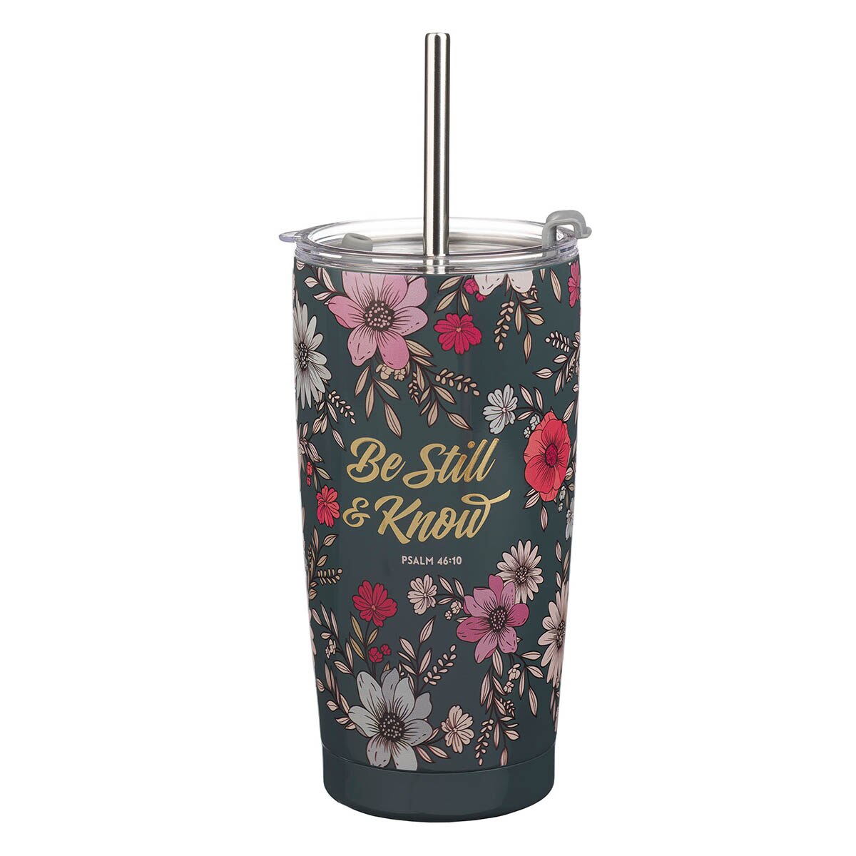 Be Still Teal Botanical Stainless Steel Tumbler With Reusable Straw - Psalm 46:10 by Christian Art Gifts