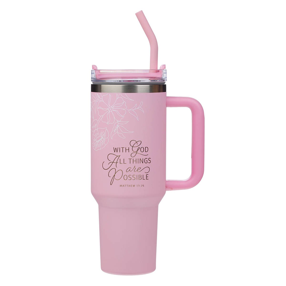 Things Are Possible Pink Poppy Stainless Steel Tumbler with Straw - Matthew 19:26 by Christian Art Gifts