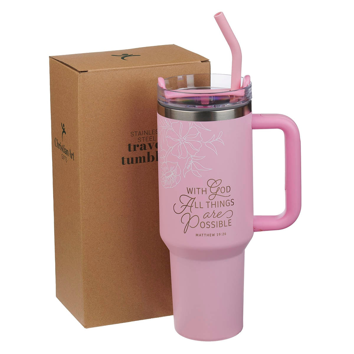 Things Are Possible Pink Poppy Stainless Steel Tumbler with Straw - Matthew 19:26 by Christian Art Gifts, product view 3