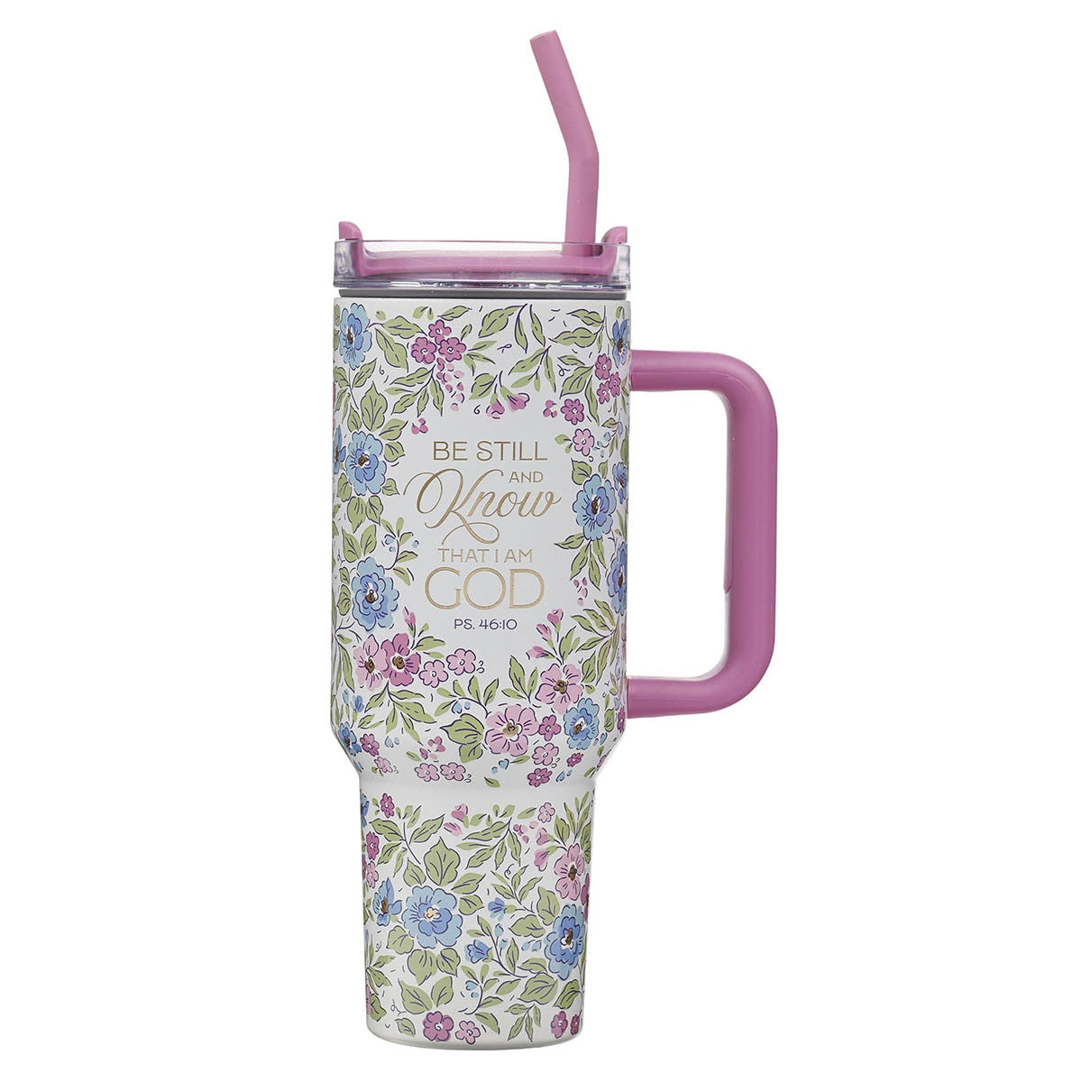 Be Still and Know Purple Floral 40 oz Stainless Steel Tumbler with Straw - Psalm 46:10 by Christian Art Gifts