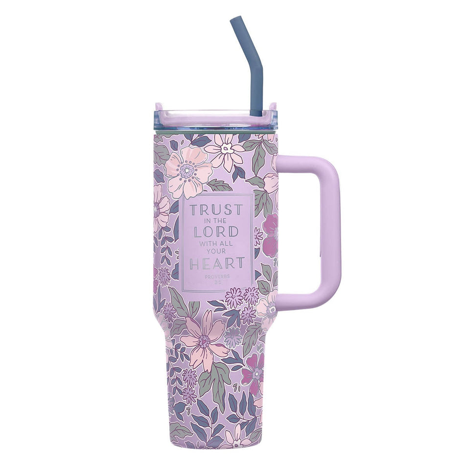 Trust in the Lord Purple Spring Floral 40 oz Stainless Steel Tumbler with Straw - Proverbs 3:5 by Christian Art Gifts