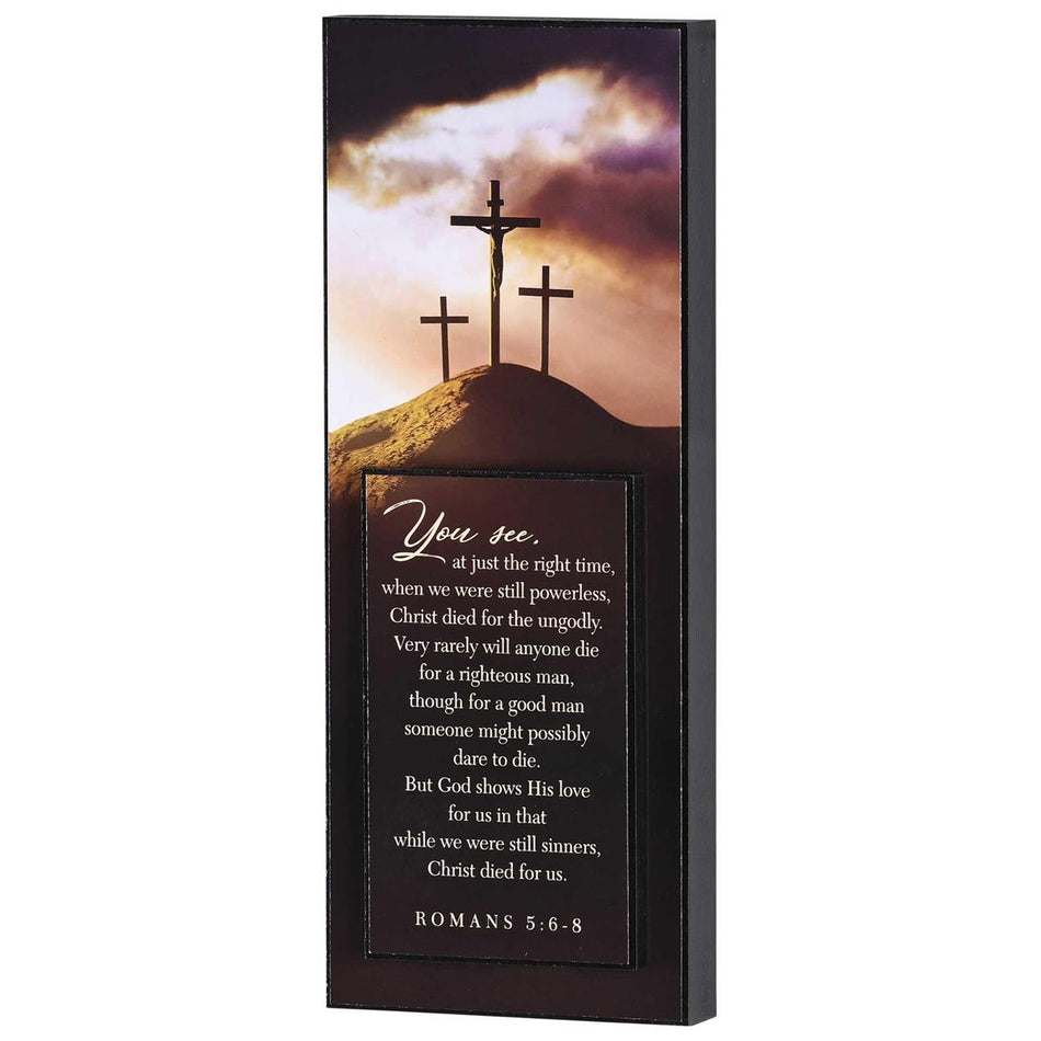 Christ Died For Us, Romans 5:6-8, Brown 10 x 4 Inch MDF Wood Stacked Wall Plaque by Dicksons