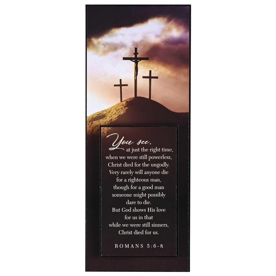 Christ Died For Us, Romans 5:6-8, Brown 10 x 4 Inch MDF Wood Stacked Wall Plaque by Dicksons, product view 2