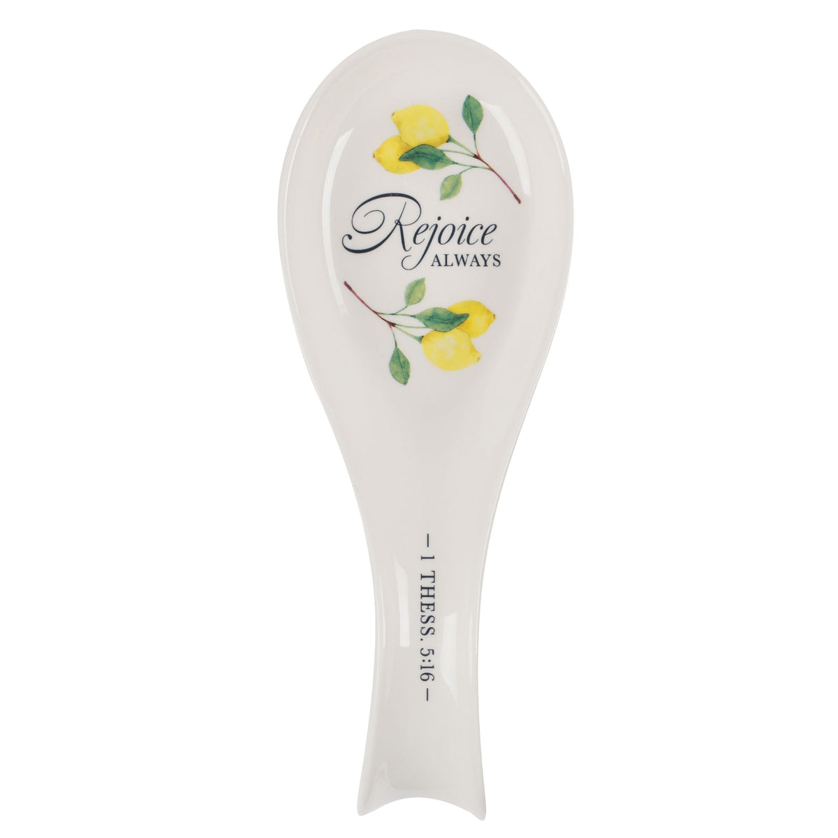 Rejoice Always White Lemon Ceramic Spoon Rest - 1 Thessalonians 5:16 by Christian Art Gifts
