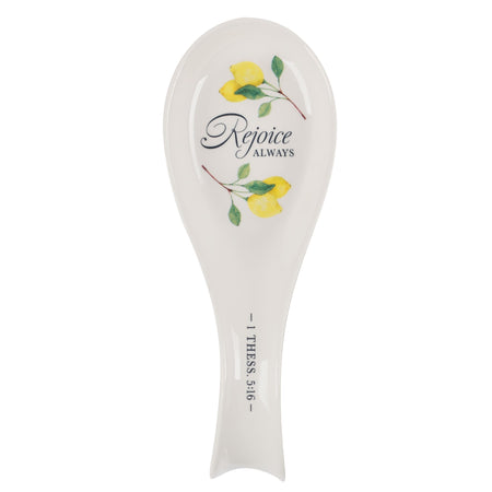 Rejoice Always White Lemon Ceramic Spoon Rest - 1 Thessalonians 5:16 by Christian Art Gifts
