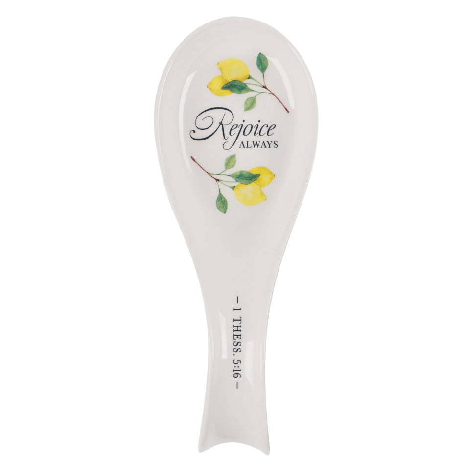 Rejoice Always White Lemon Ceramic Spoon Rest - 1 Thessalonians 5:16 by Christian Art Gifts