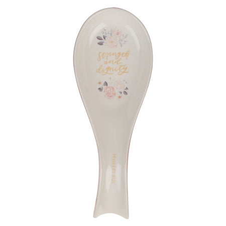 Strength and Dignity Pink Floral Ceramic Spoon Rest - Proverbs 31:25 by Christian Art Gifts