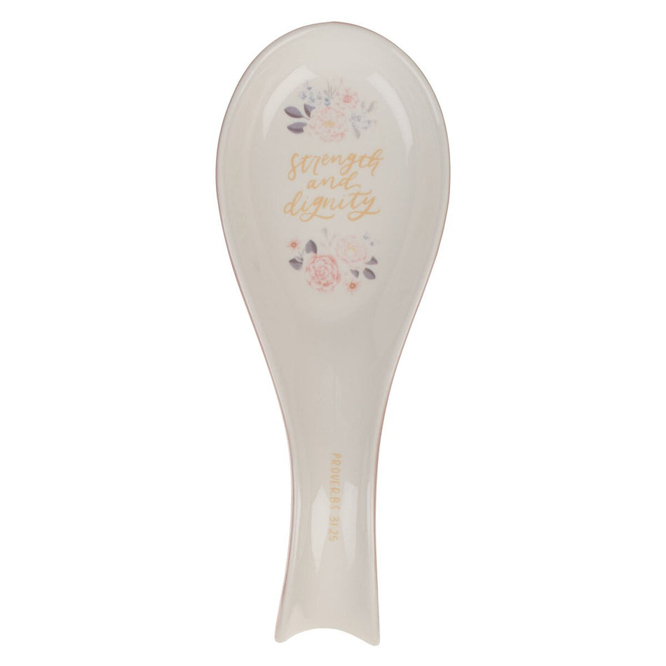 Strength and Dignity Pink Floral Ceramic Spoon Rest - Proverbs 31:25 by Christian Art Gifts