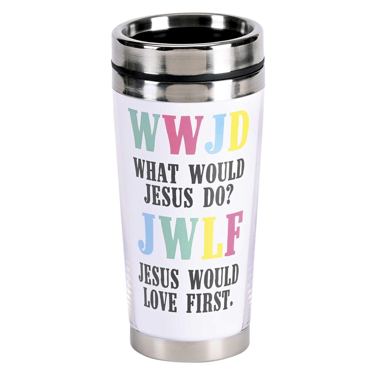 WWJD Love First Rainbow and White 16 Ounce Stainless Steel Travel Tumbler by Dicksons