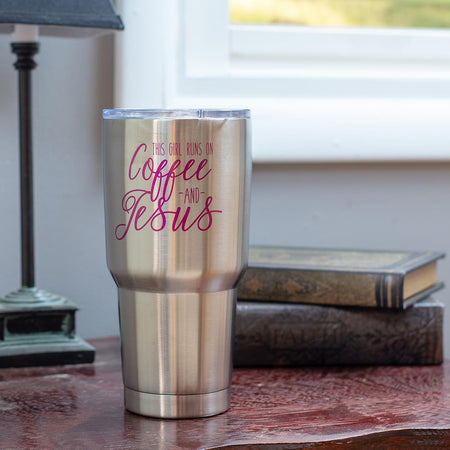 Girl Runs On Coffee & Jesus 30 Ounce Stainless Steel Travel Coffee Mug With Lid by Dicksons, product view 3