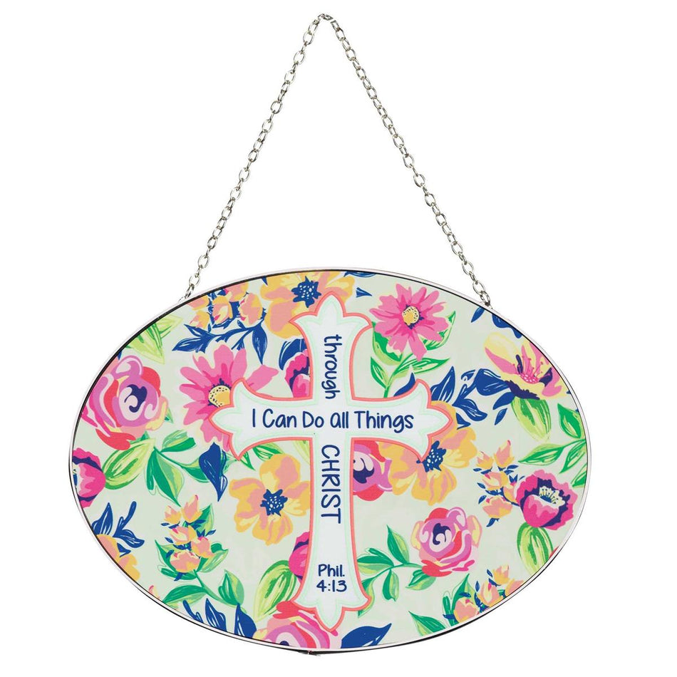 Can Do All Things Pink Floral 9 inch Glass Sun Catcher with Suction Cup by Dicksons