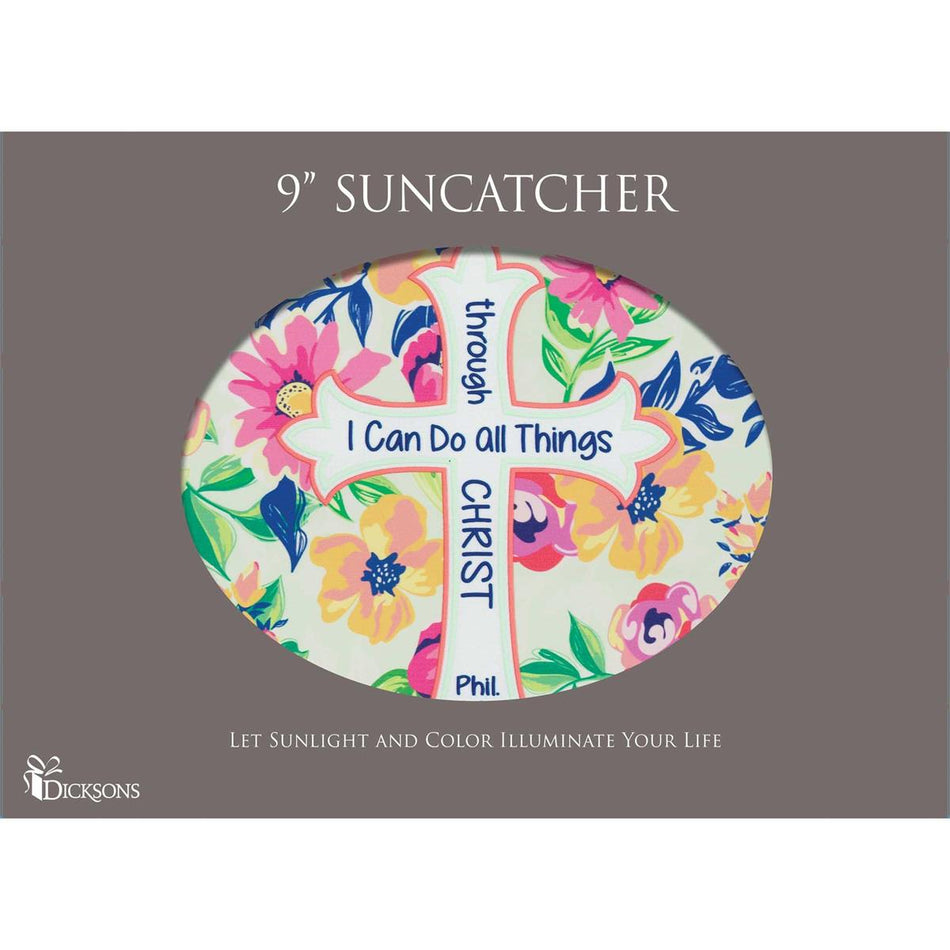 Can Do All Things Pink Floral 9 inch Glass Sun Catcher with Suction Cup by Dicksons, product view 2