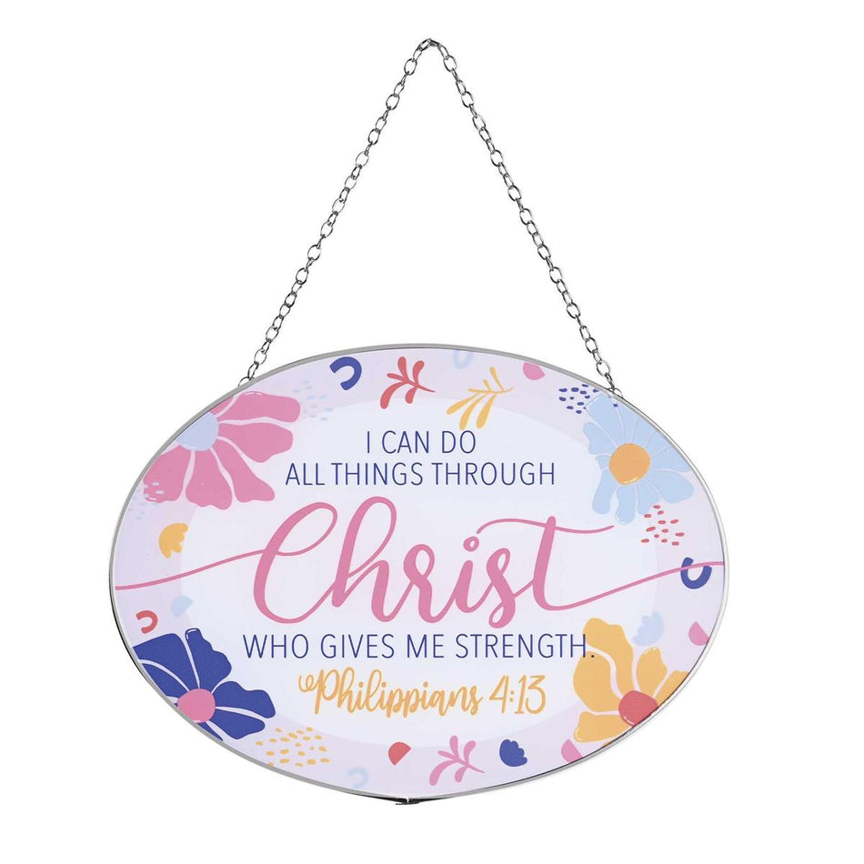I Can Do All Things Pink and Blue 9 x 6 Inch Metal and Glass Suncatcher by Dicksons