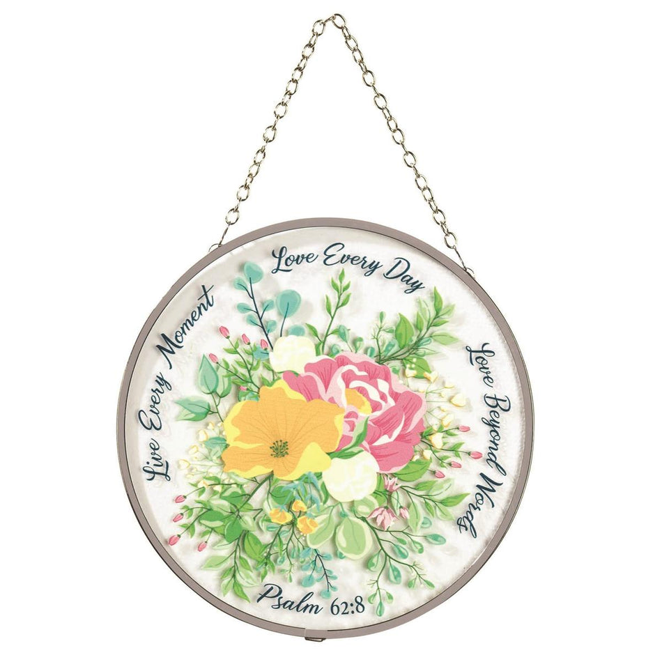 Live Every Moment Floral Clear 6 inch Glass Suncatcher With Suction Cup by Dicksons
