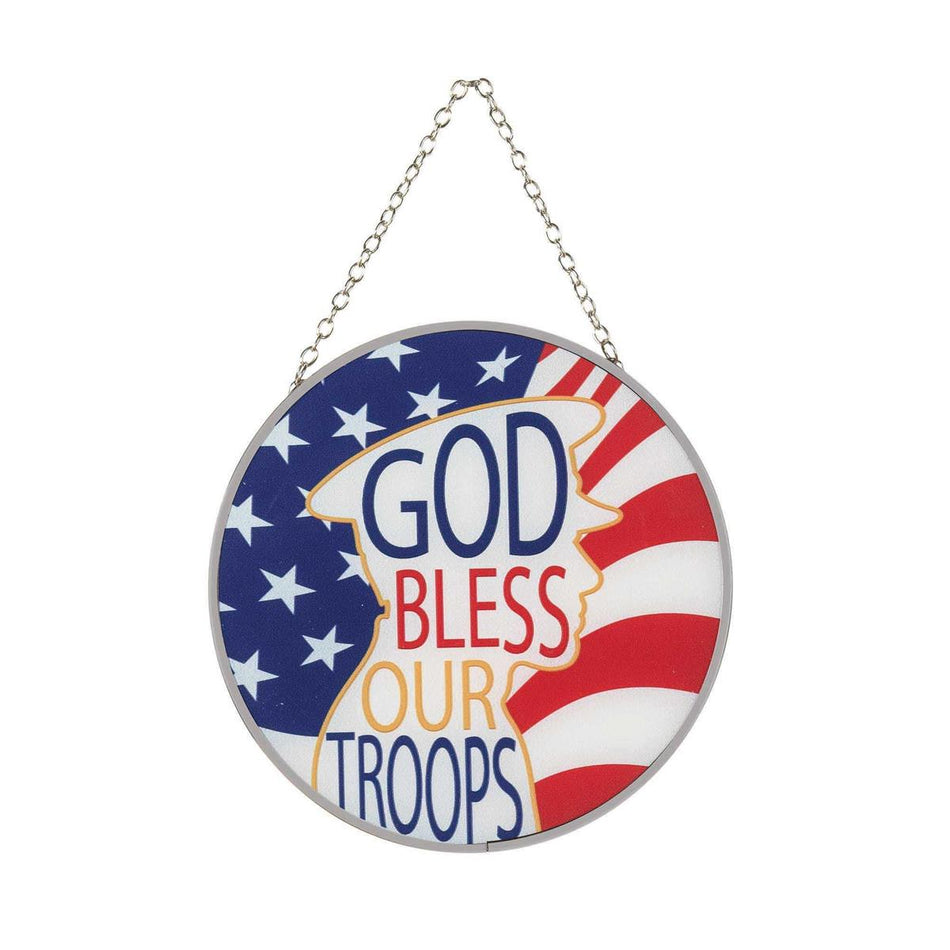 Bless Our Troops Patriotic Red Round 6 x 6 Glass Decorative Sun Catcher by Dicksons