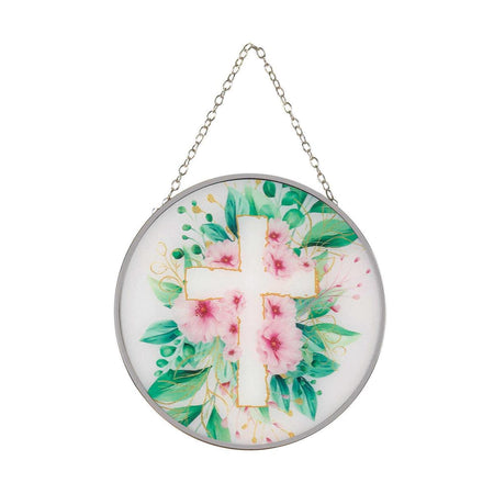 Pink Floral Cross Round 6 x 6 Glass Decorative Sun Catcher with Suction Cup by Dicksons