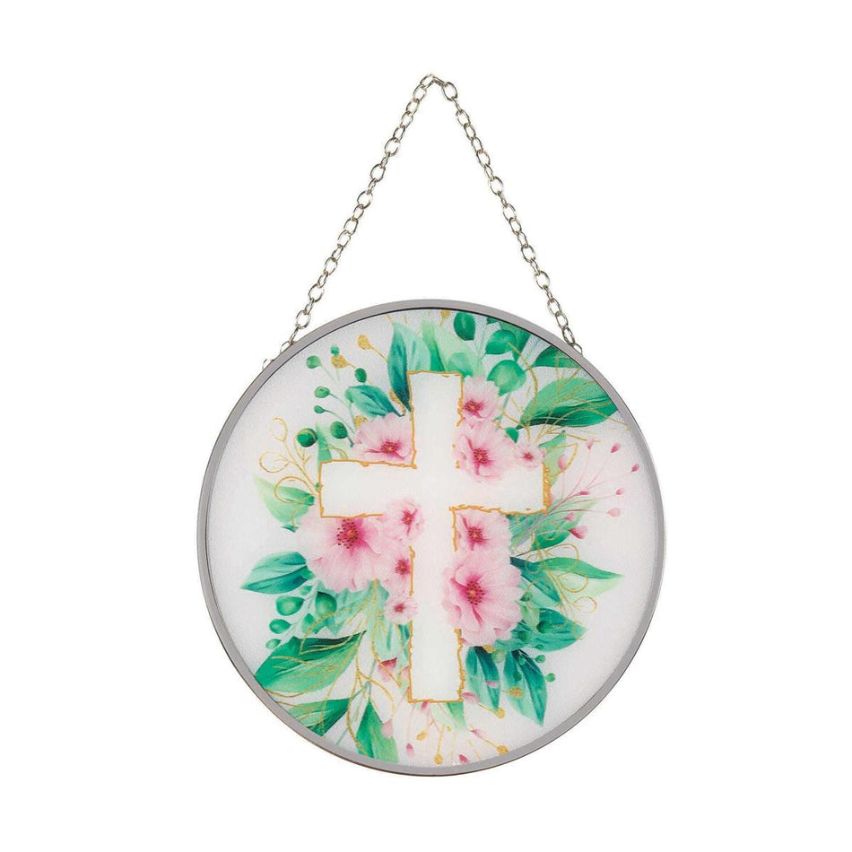 Pink Floral Cross Round 6 x 6 Glass Decorative Sun Catcher with Suction Cup by Dicksons